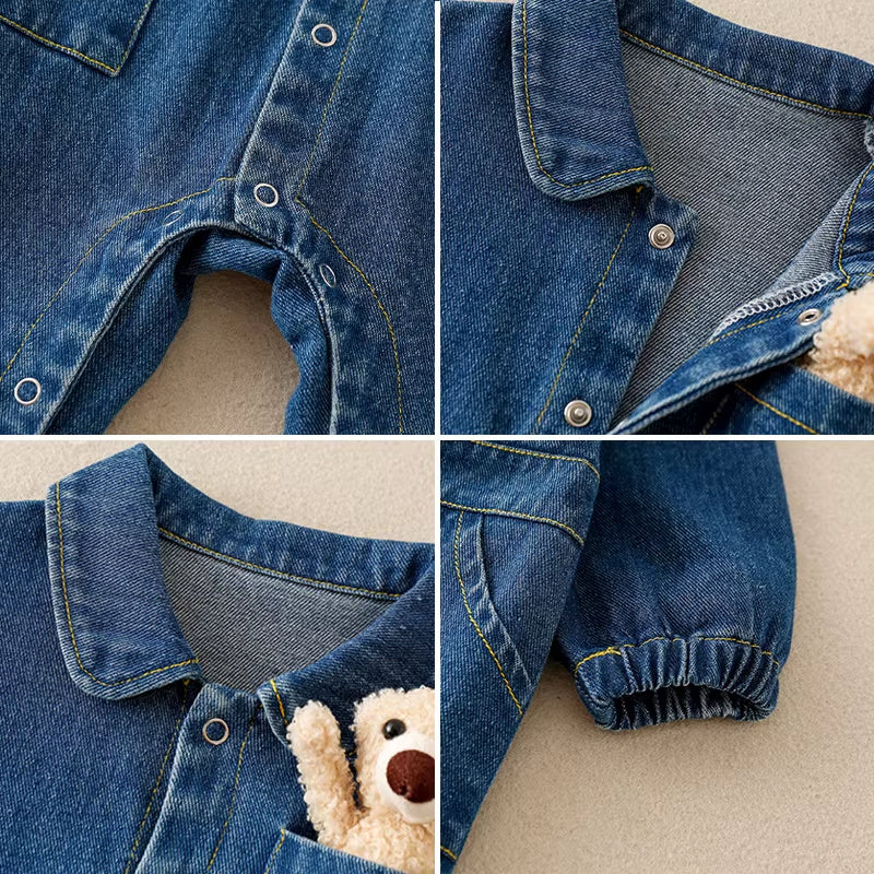 BearBuddy Denim – Spring Cartoon Pocket Romper for Babies