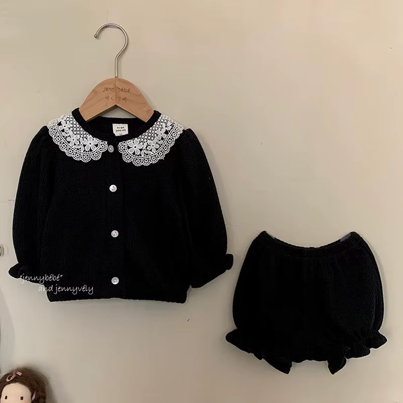 LaceMuse – Korean Style Baby Girl Cardigan & Shorts Set
