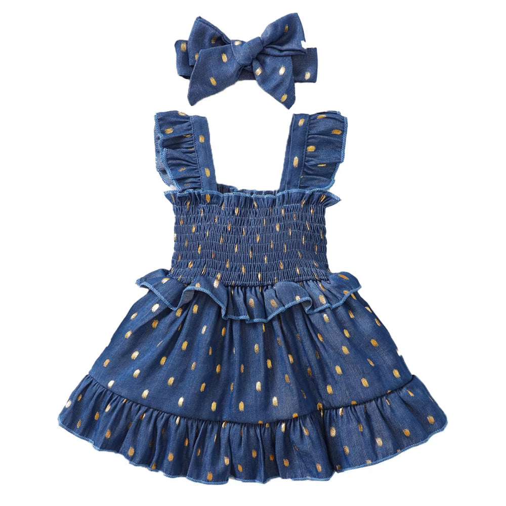 3-24Months Infant Baby Girl Golden Dot Slip Blue Dress Toddler Girl Summer Fashion Party Princess Dresses with Headband 2Pcs Set